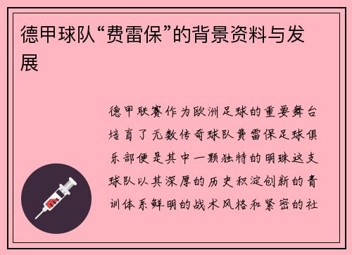 德甲球队“费雷保”的背景资料与发展