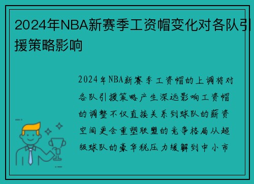 2024年NBA新赛季工资帽变化对各队引援策略影响
